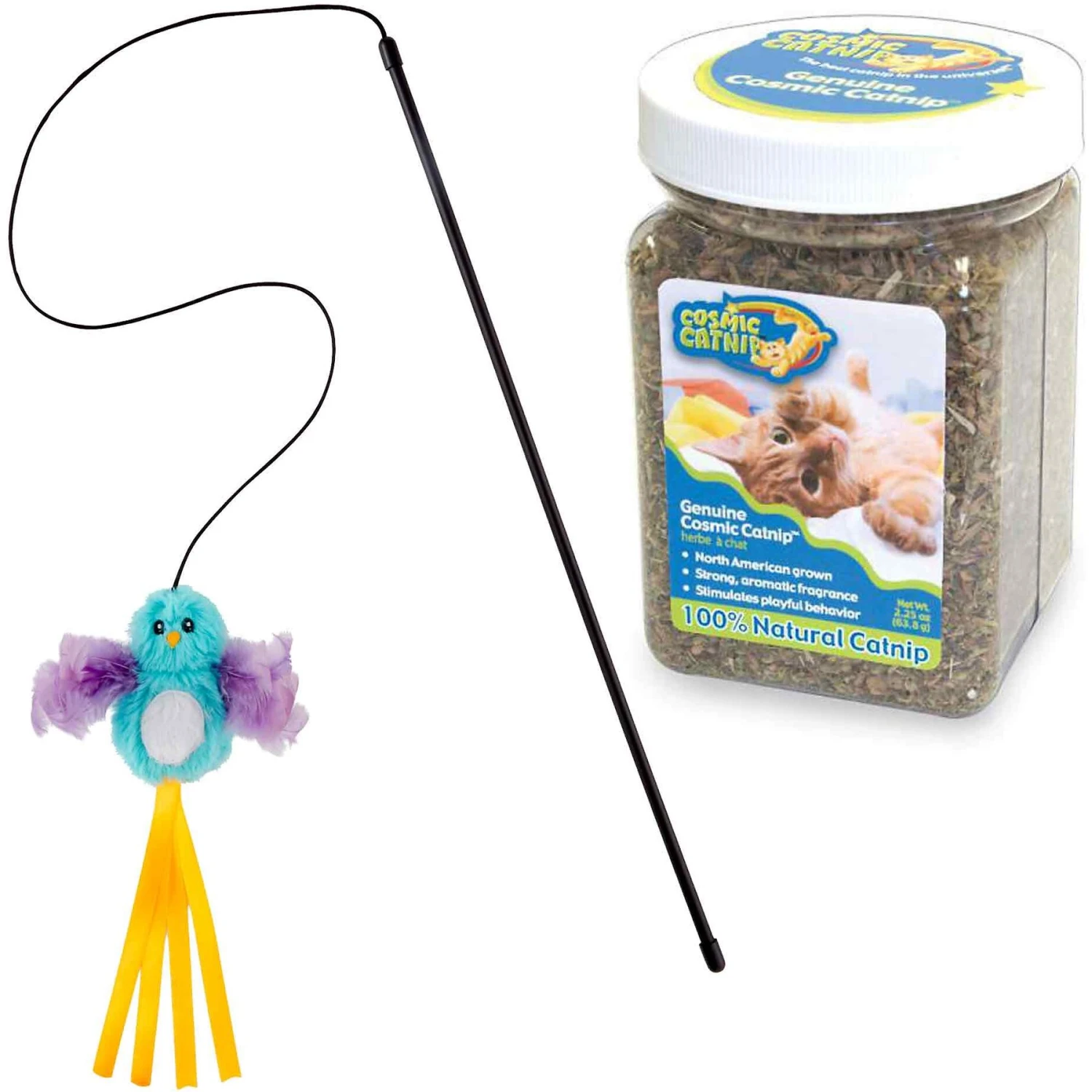 Frisco Bird With Feathers Teaser Wand Cat Toy With Catnip & OurPets Cosmic Catnip 1 Frisco Bird With Feathers Teaser Wand Cat Toy With Catnip & OurPets Cosmic Catnip