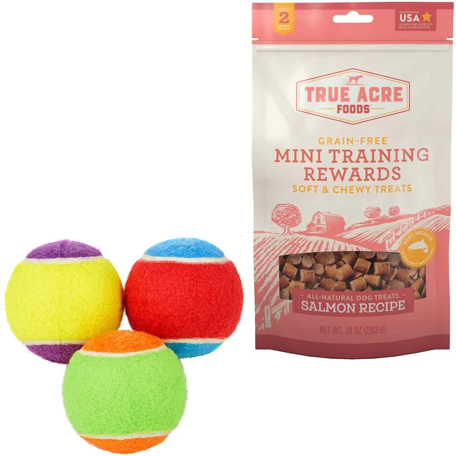 Frisco Fetch Squeaking Colorful Tennis Ball Dog Toy & True Acre Foods Salmon Recipe Mini-Training Rewards Grain-Free Soft & Chewy Dog Treats 1 Frisco Fetch Squeaking Colorful Tennis Ball Dog Toy & True Acre Foods Salmon Recipe Mini-Training Rewards Grain-Free Soft & Chewy Dog Treats
