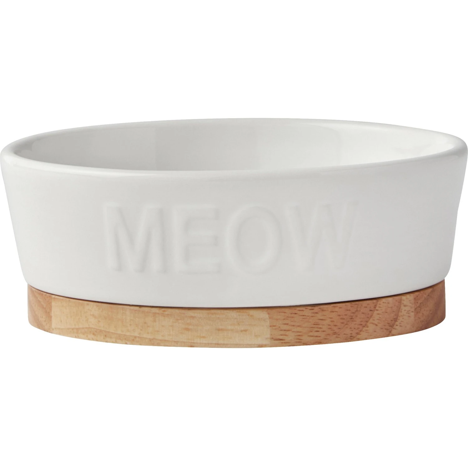 Frisco Oval Meow Non-skid Ceramic Cat Bowl With Wood Base 1 Frisco Oval Meow Non-skid Ceramic Cat Bowl With Wood Base