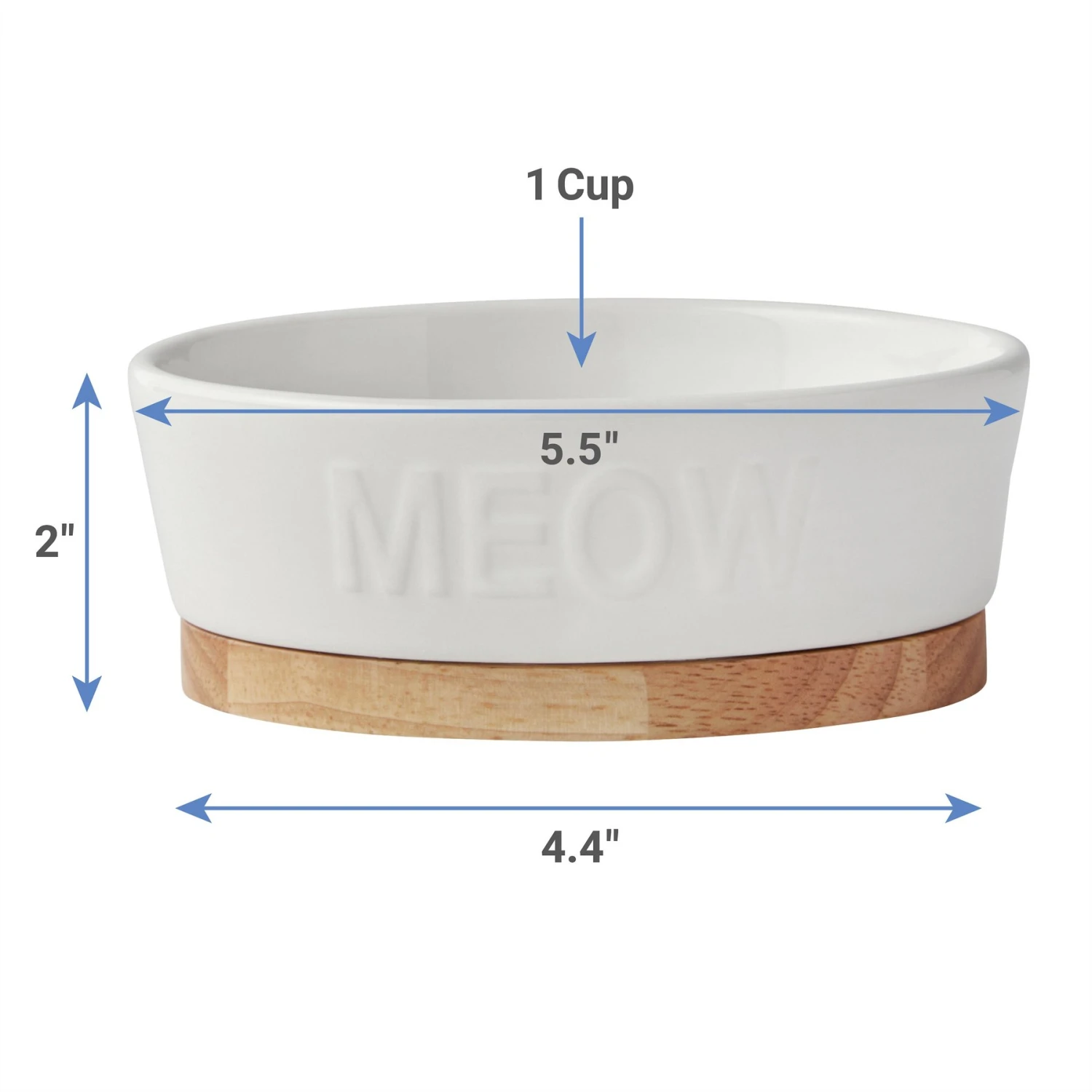 Frisco Oval Meow Non-skid Ceramic Cat Bowl With Wood Base 2 Frisco Oval Meow Non-skid Ceramic Cat Bowl With Wood Base - Image 2