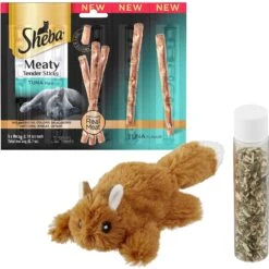 Sheba Meaty Tender Sticks Tuna Flavor Soft Adult Cat Treats & Frisco Squirrel Plush Cat Toy With Refillable Catnip