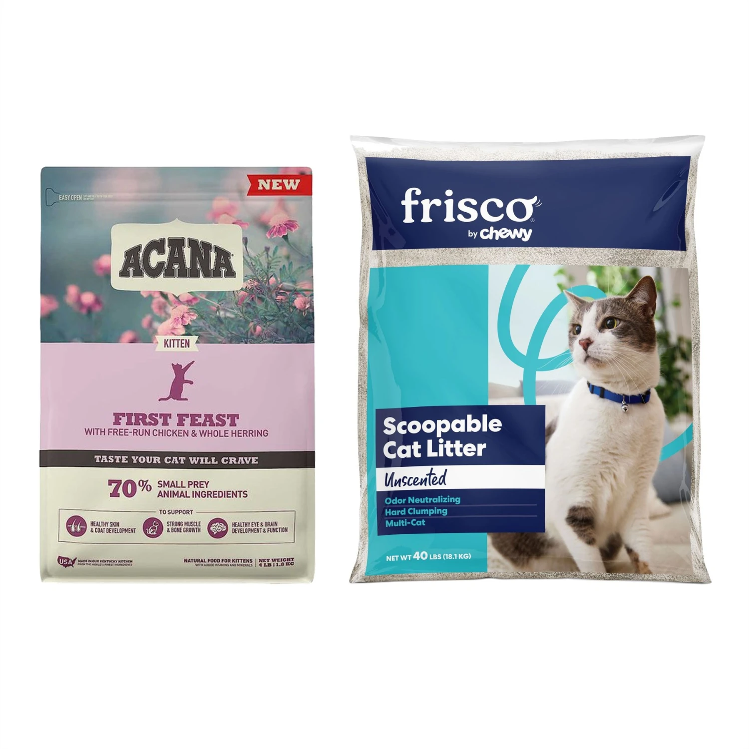 ACANA First Feast High-Protein Kitten Dry Cat Food, 4-lb Bag & Frisco Multi-Cat Unscented Clumping Clay Cat Litter 1 ACANA First Feast High-Protein Kitten Dry Cat Food, 4-lb Bag & Frisco Multi-Cat Unscented Clumping Clay Cat Litter