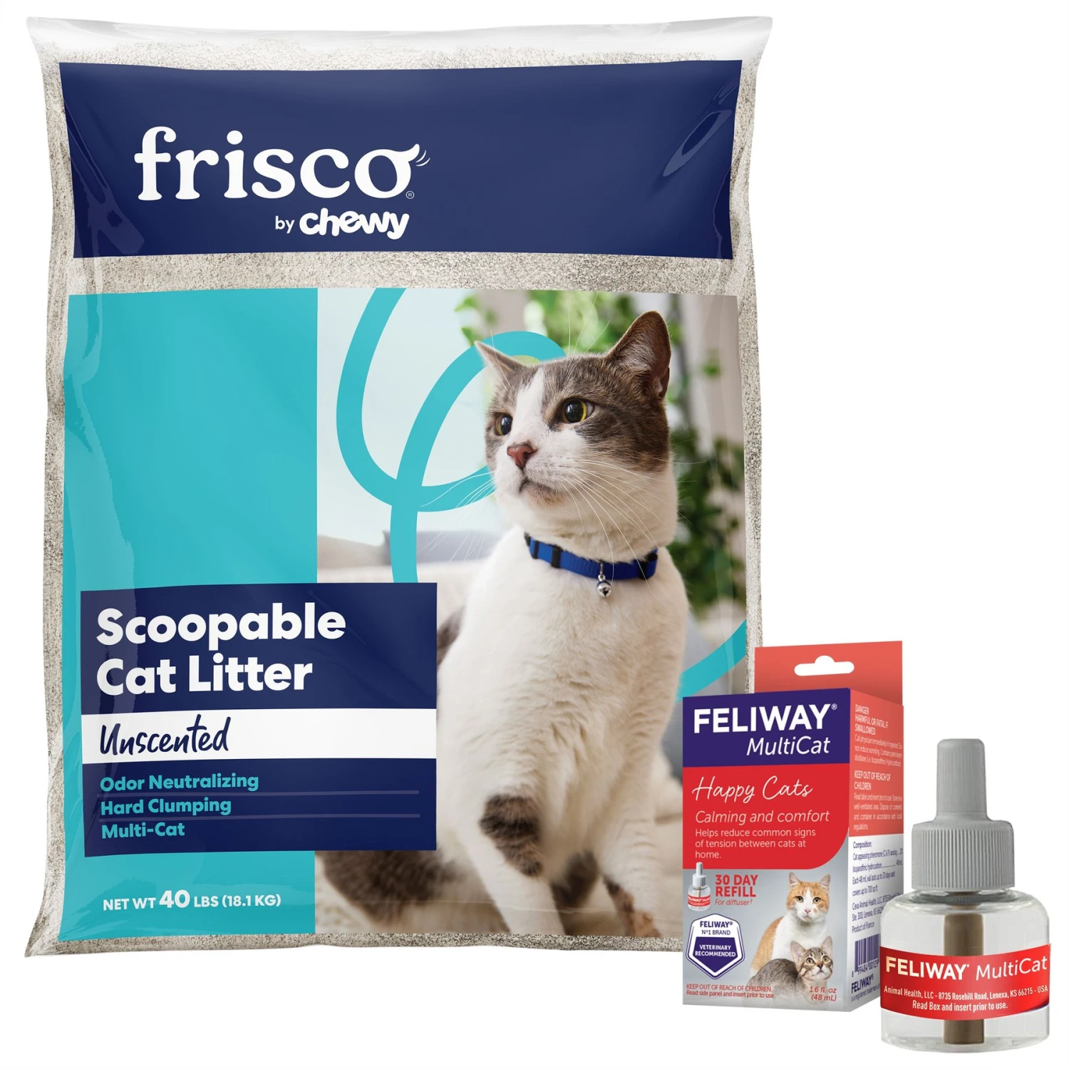 Feliway MultiCat Calming Diffuser Refill For Cats, 30 Day & Frisco Multi-Cat Unscented Clumping Clay Cat Litter 1 Feliway MultiCat Calming Diffuser Refill For Cats, 30 Day & Frisco Multi-Cat Unscented Clumping Clay Cat Litter