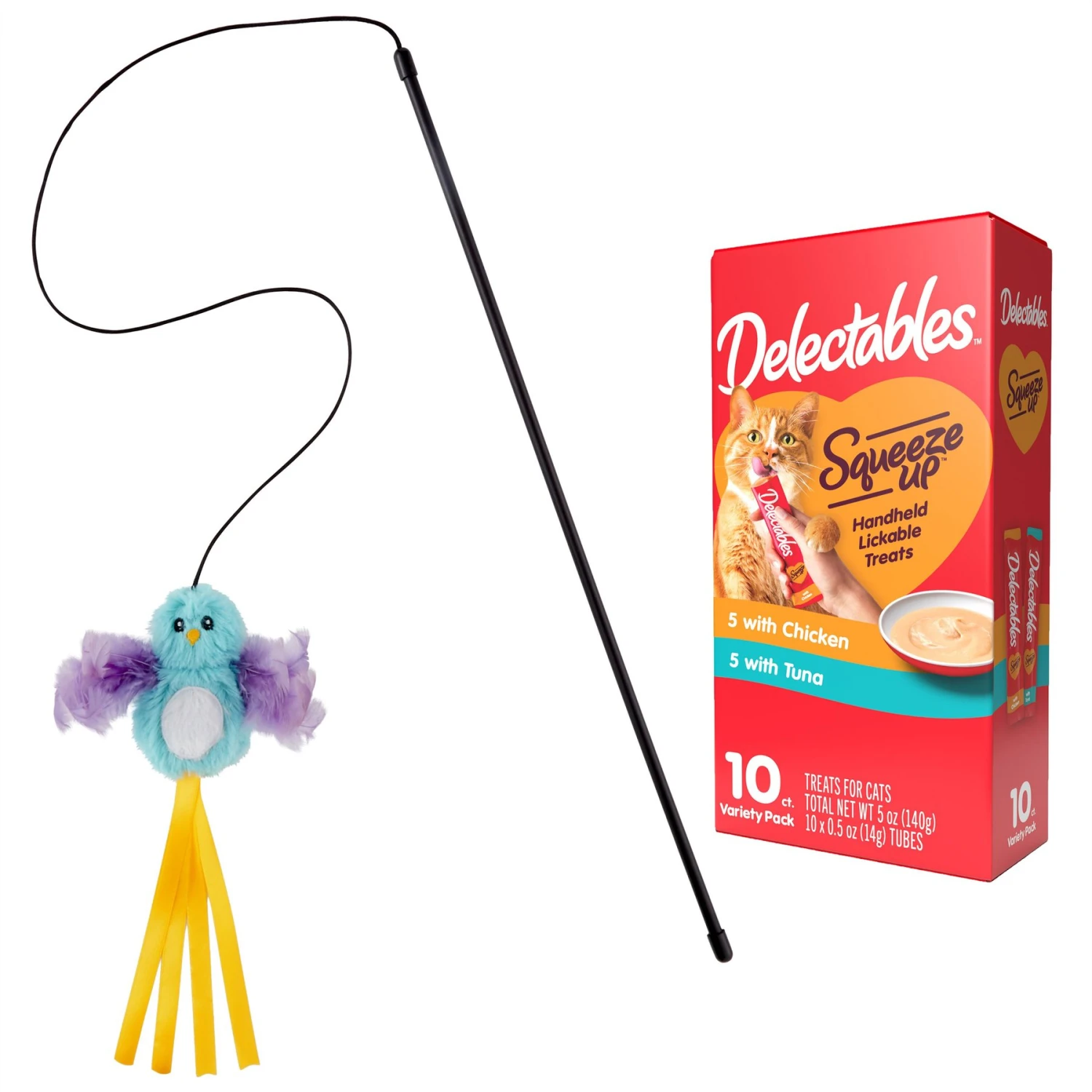 Hartz Delectables Squeeze Up Variety Pack Lickable Cat Treats & Frisco Bird With Feathers Teaser Wand Cat Toy With Catnip 1 Hartz Delectables Squeeze Up Variety Pack Lickable Cat Treats & Frisco Bird With Feathers Teaser Wand Cat Toy With Catnip