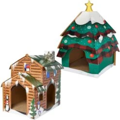 Frisco Sales Store 4 Frisco Holiday Log Cabin Cardboard Cat House & Frisco Holiday Christmas Tree Cardboard Cat House